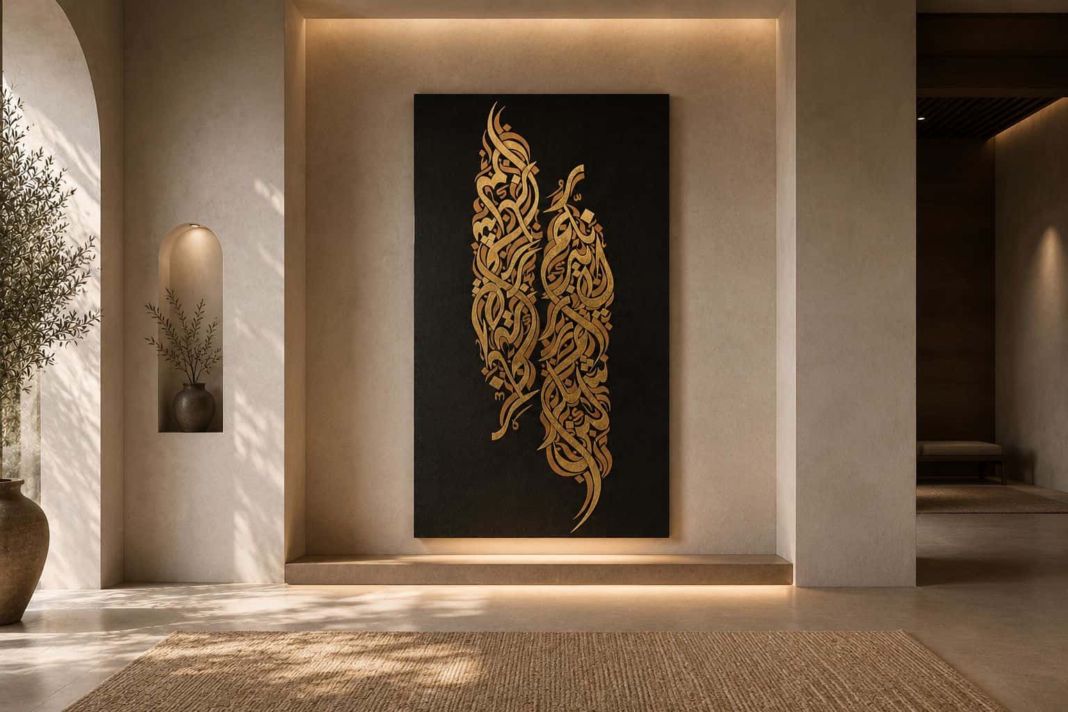 A gold calligraphy canvas hung in a warm gallery alcove